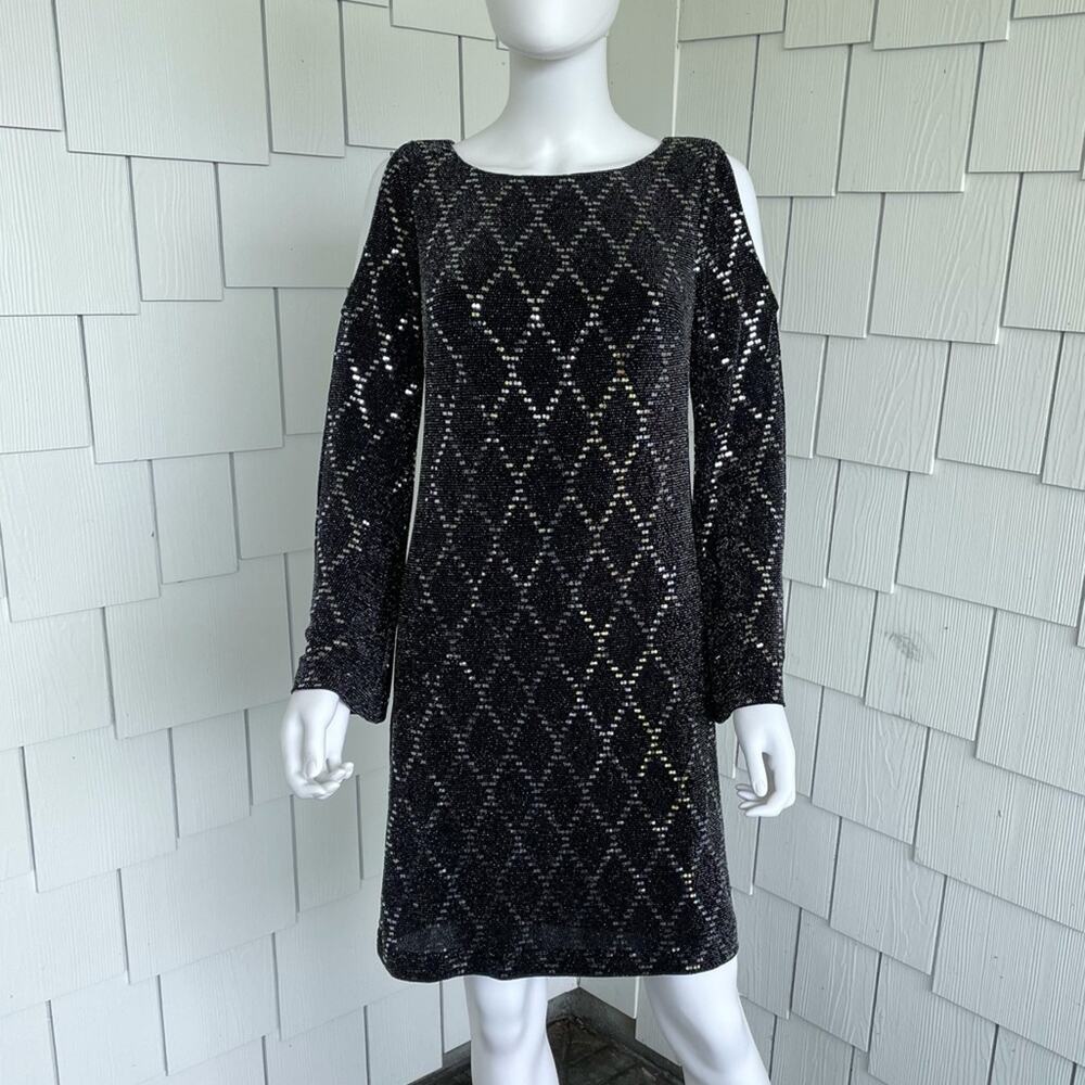 Jessica Howard Women's Black Sequin Diamond Pattern Cold Shoulder Dress sz 8